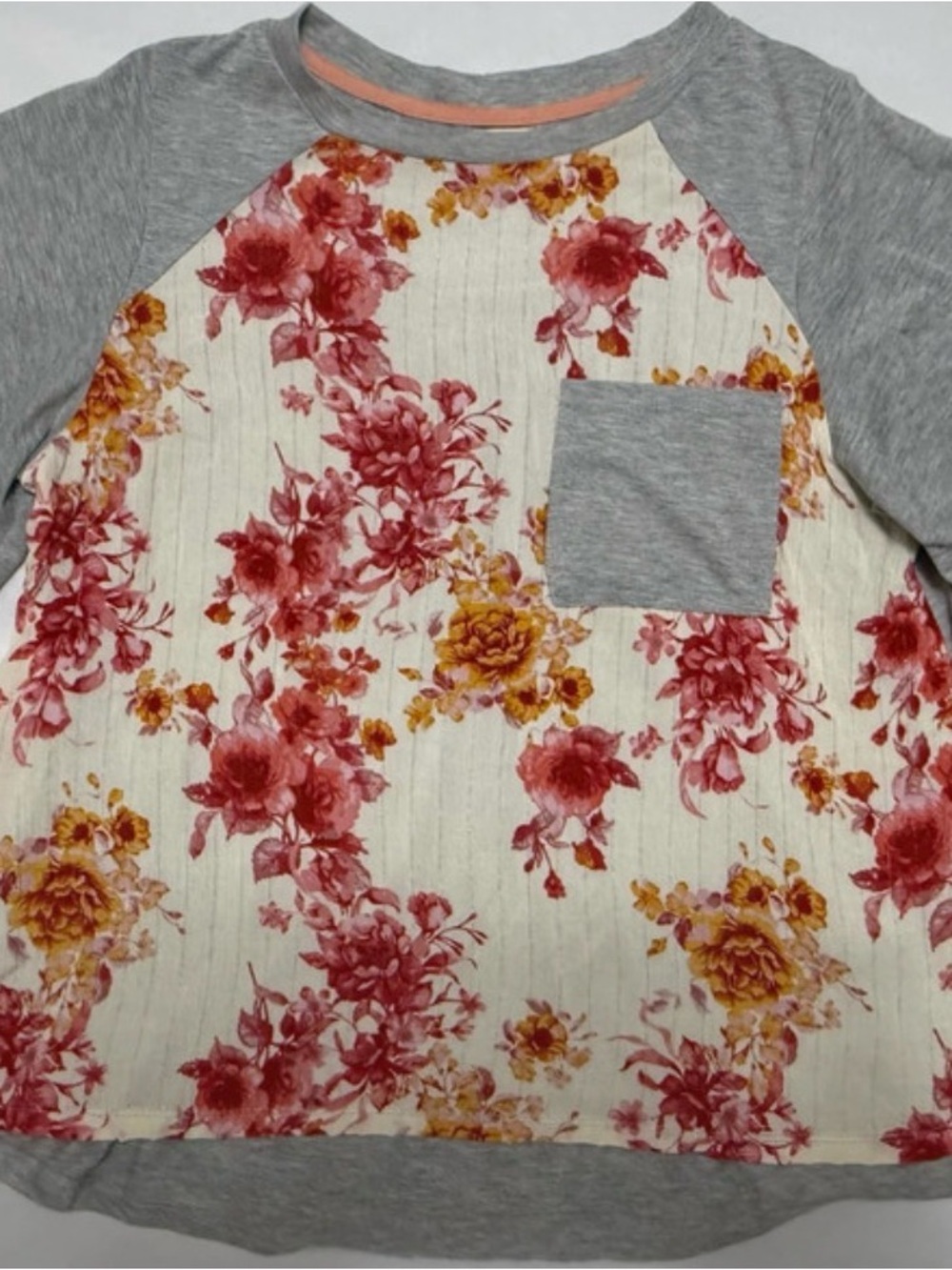Altar'd State Gray Raglan Tee with Pink and Yellow Floral Front